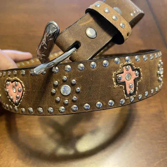 Nocona Brown and Pink Crystal Cross & Hearts Belt Sz 28, Bling Western Gowgirl - Picture 3 of 6